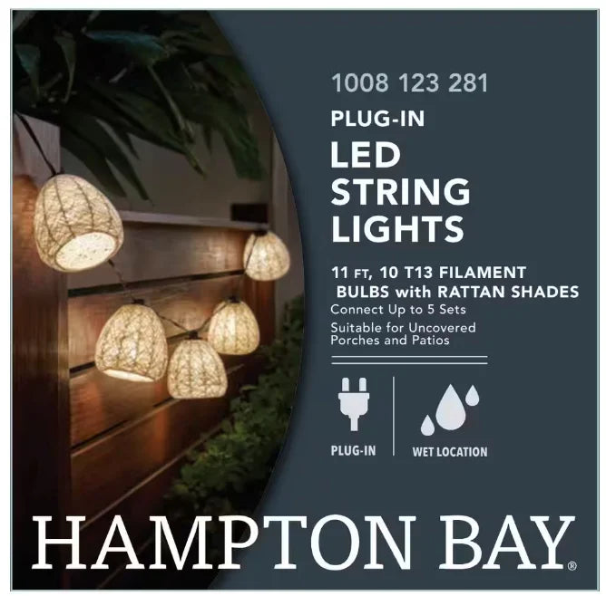 Hampton Bay Outdoor/Indoor 11 ft. Plug-In Mini Bulb  Natural Fiber String Light (10-Heads)