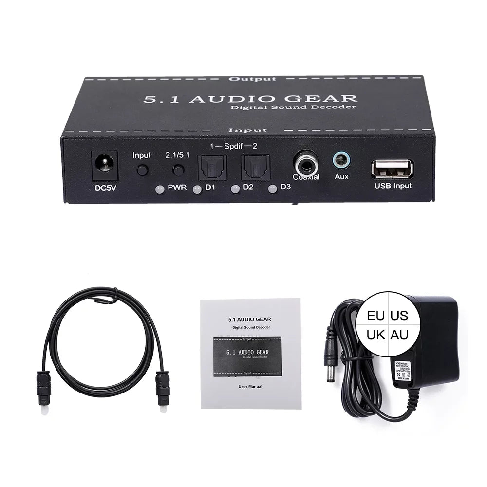 Anself - 5.1 Audio Gear Digital Sound Decoder Audio Converter 3.5mm Audio Output Replacement for Dolby Digital -3 Plug
