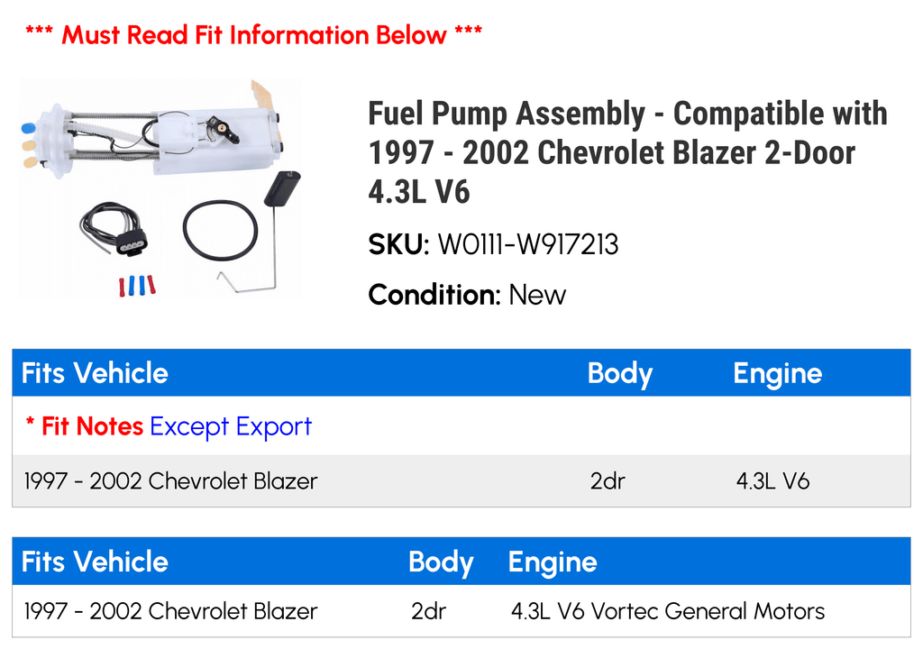 Fuel Pump Assembly - Compatible with 1997 - 2002 Chevy Blazer 2-Door 4.3L  1998 1999 2000 2001