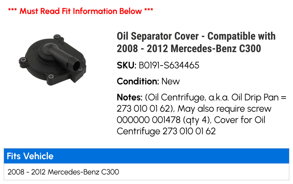 Oil Separator Cover - Compatible with 2008 - 2012 Mercedes-Benz  2009 2010 2011
