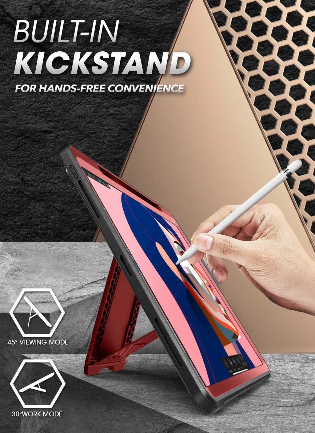 Unicorn Beetle Pro Series Case for iPad Pro 12.9 Inch (2021 / 2020), Support Apple Pencil Charging with Built-in Screen Protector Full-Body Rugged Kickstand Protective Case (Ruddy)