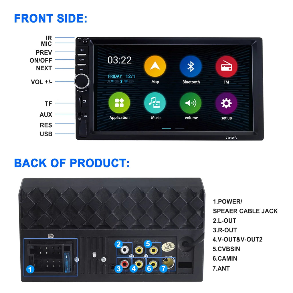 Double 2 Din Car Stereo Radio  Player, 7 Inch  Touch Screen Bluetooth Car Video Player 1080P with Backup Reversing Camera
