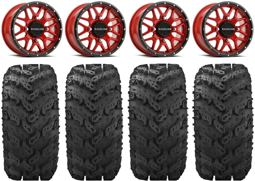 Raceline Krank 14" Red Wheels 28" Reptile Tires Kawasaki Mule Pro