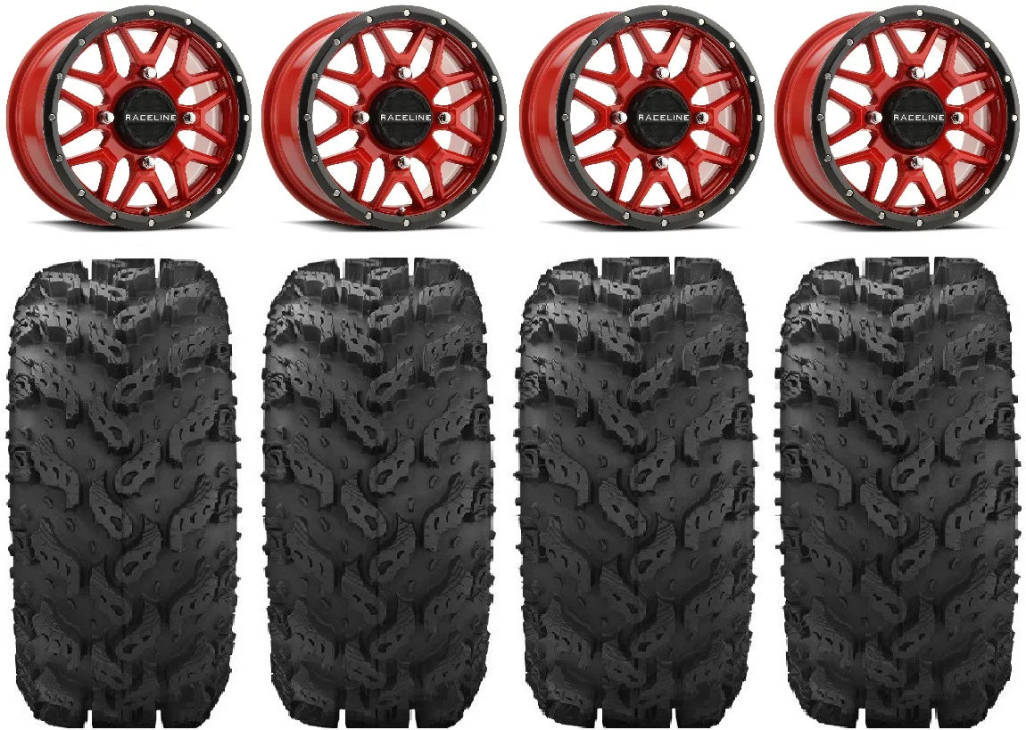 Raceline Krank 14" Red Wheels 28" Reptile Tires Kawasaki Mule Pro