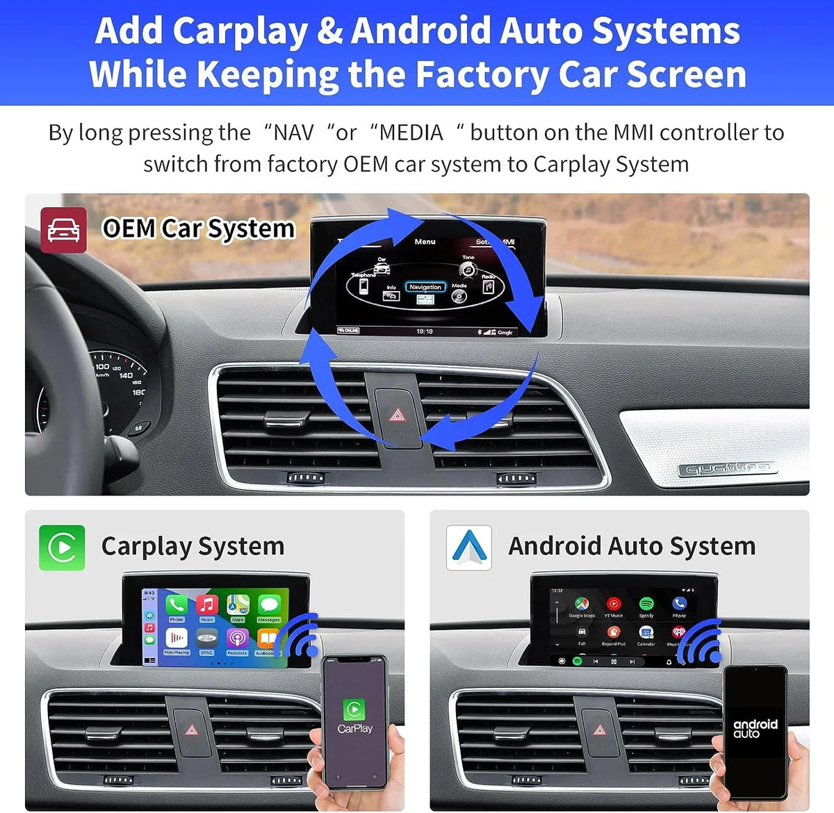 Road Top Wireless Carplay Android Auto Module for Audi  2014-2018 Year with  3G, (+ Car Software Version), Carplay Retrofit Kit Decoder, Support Mirrorlink, Camera