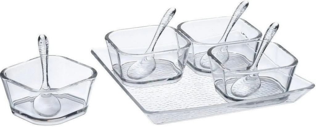 Clear Premium Serving Set With Spoons (7.75"  7.75"  1", Pack Of 6) - Perfect For Parties, Events, & Dining