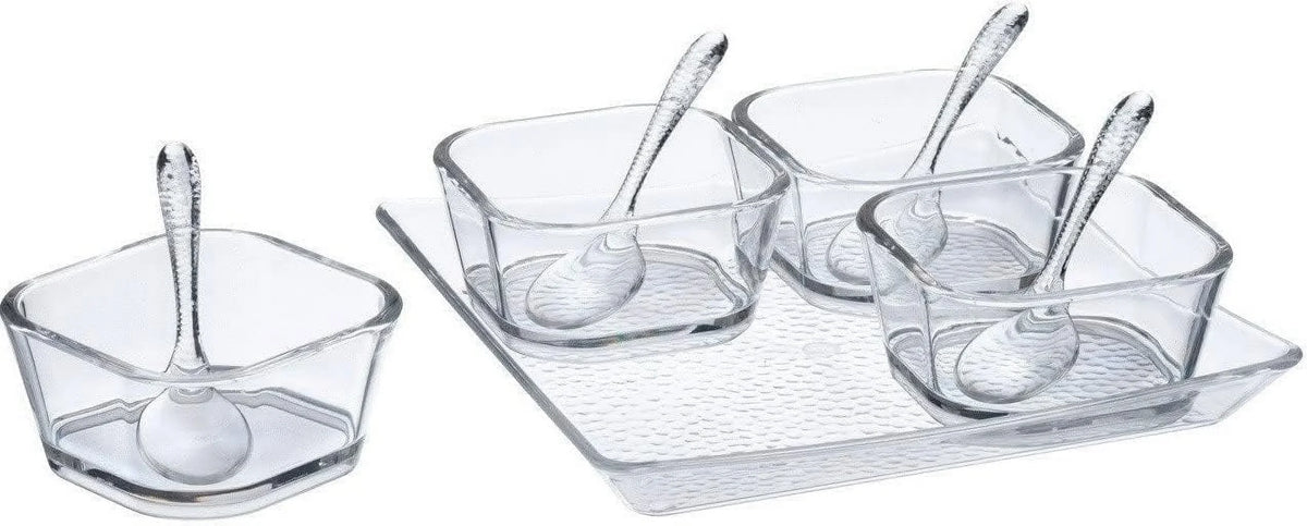 Clear Premium Serving Set With Spoons (7.75"  7.75"  1", Pack Of 6) - Perfect For Parties, Events, & Dining