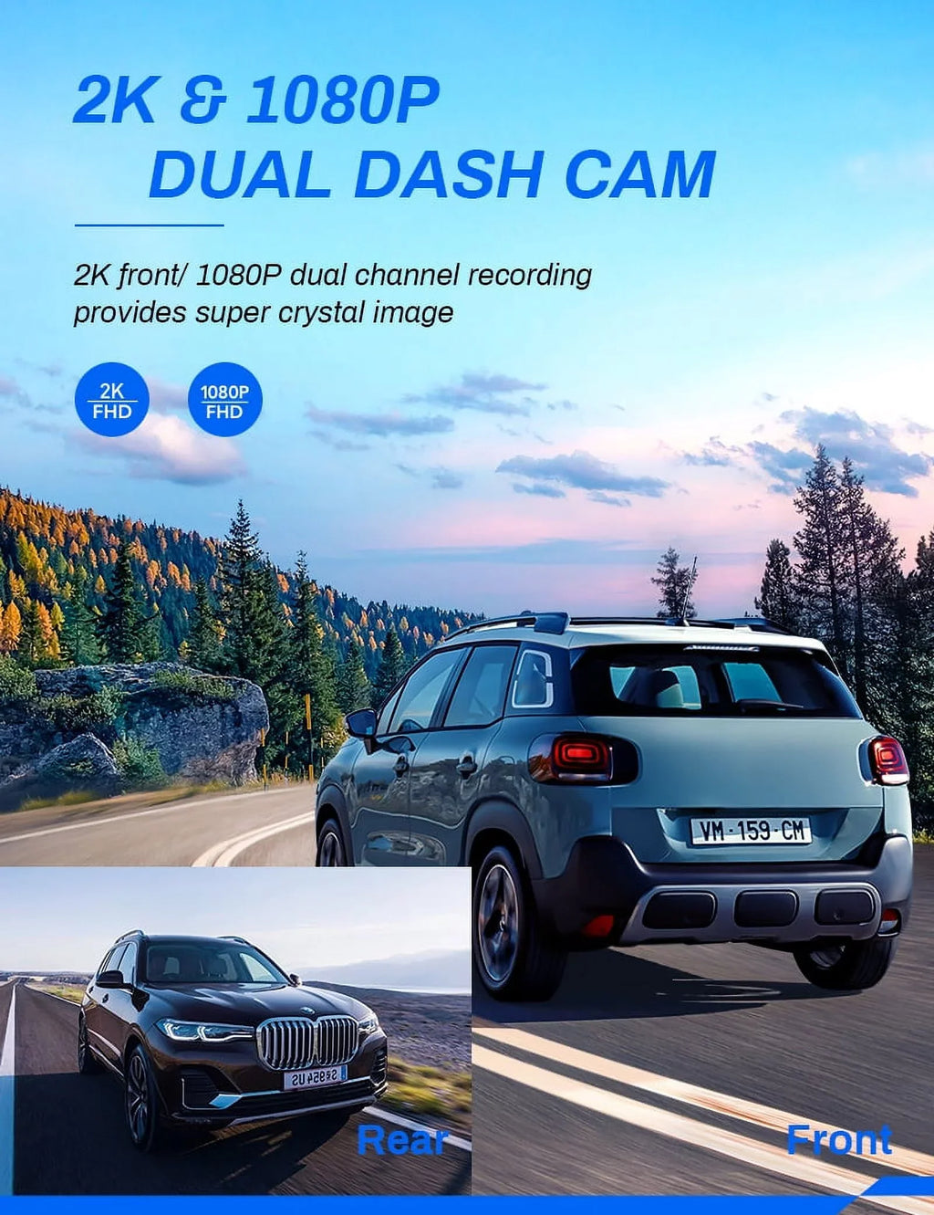 Dash Cam Front and Rear, Crosstour Dash Camera for Cars 2.5K , 3 inch  Screen Magnetic Dashboard Recorder 170° Backup Camera