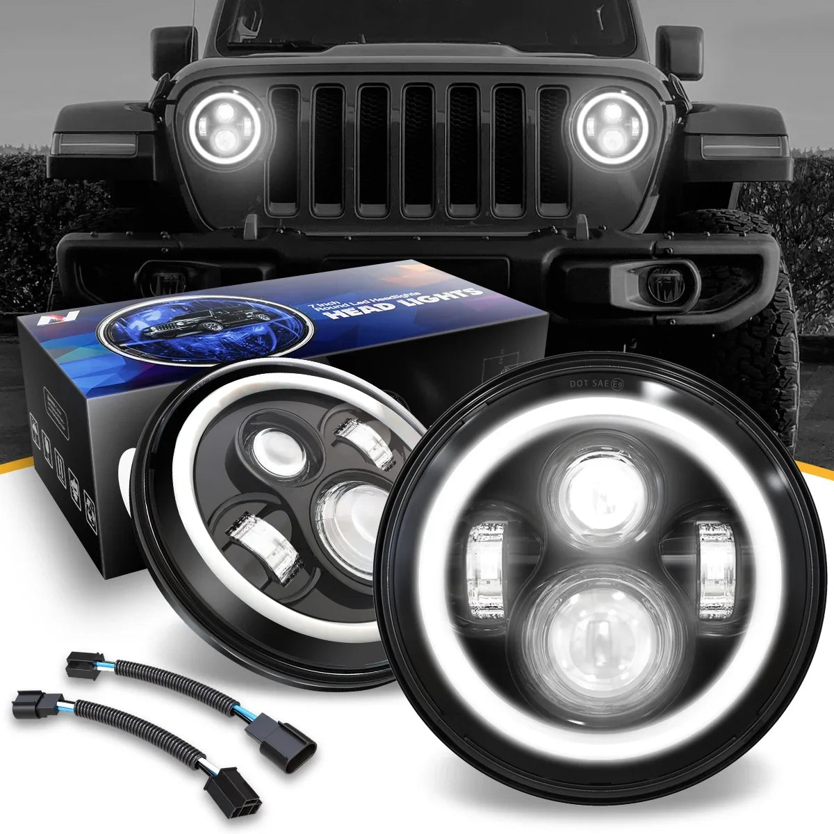 '--001H Nuvision For 1997 to 2018 Jeep Wrangler/Wrangler     2Pcs 7 inches  Halo  Projector Black Housing Headlights 13 14