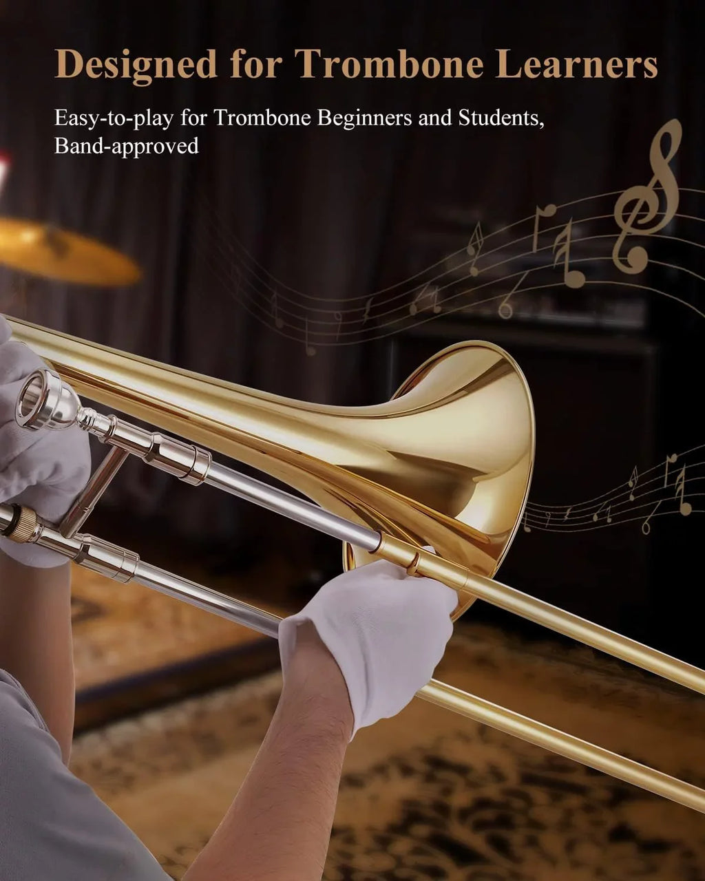 Eastar Bb Tenor Trombone for Beginners Students  Flat Brass Instrument, with Case, Mouthpiece, White Gloves, Cleaning Kit, Gold