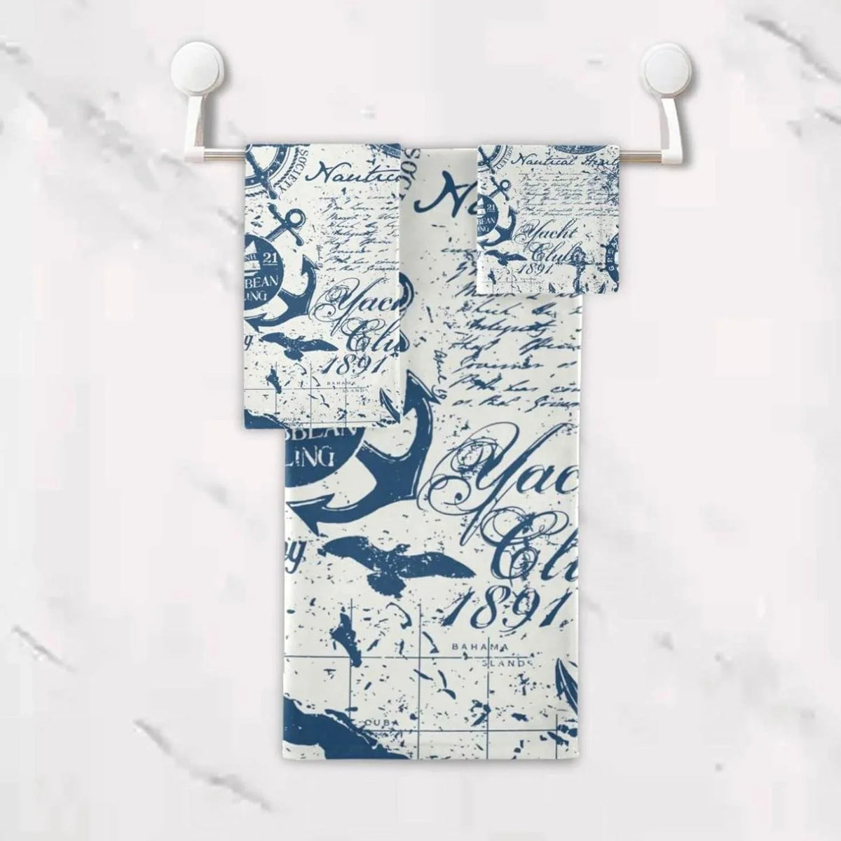 3 Pack Towel Nautical Elements Collage Cotton Bath Towel Set (1 Bath Towel, 1 Hand Towel, 1 Washcloth) for Bathroom, Super Soft and Quick Dry Towels