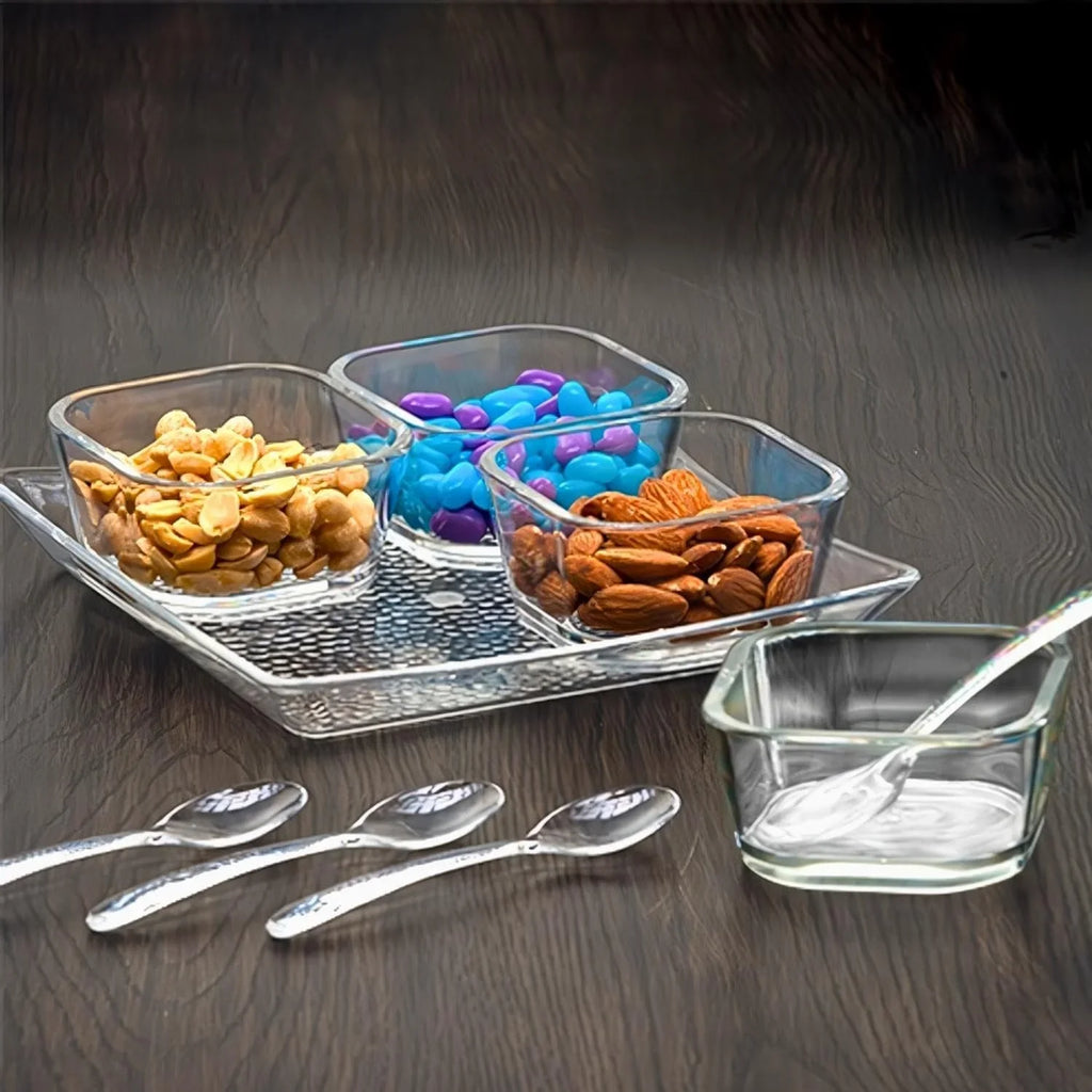 Clear Premium Serving Set With Spoons (7.75"  7.75"  1", Pack Of 6) - Perfect For Parties, Events, & Dining