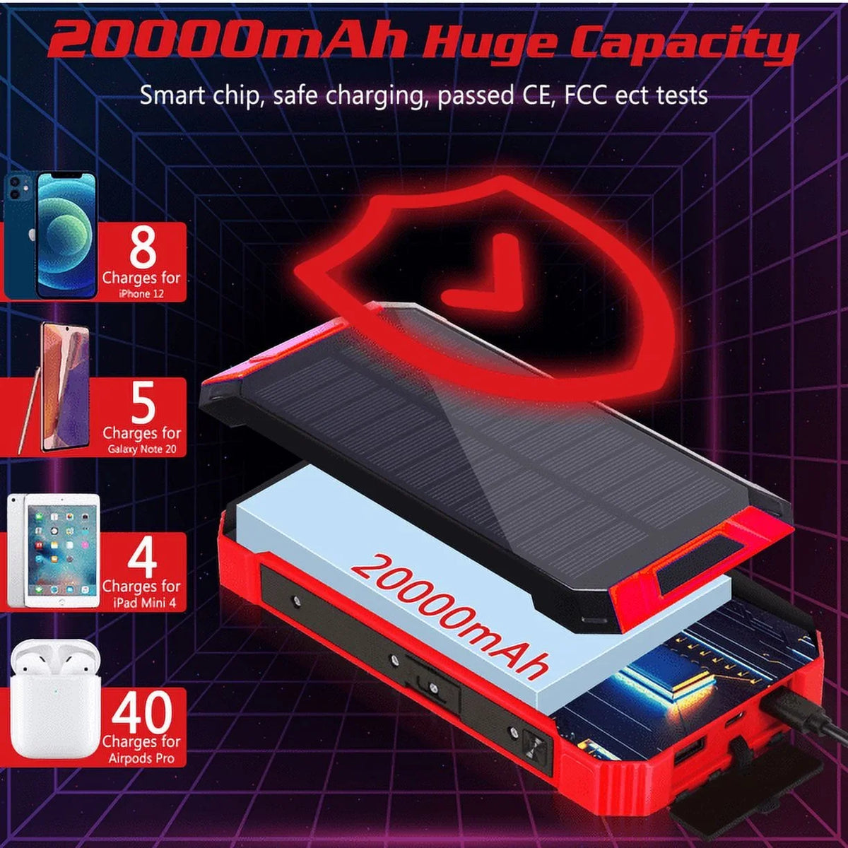 Solar Power Bank 20000mAh Built-in 4 Cables Qi Wireless Charger For Ulefone Armor 9 with  Flashlight Solar Portable External Battery  Waterproof 15W 5V/3A   Port 6 Outputs 3 Inputs