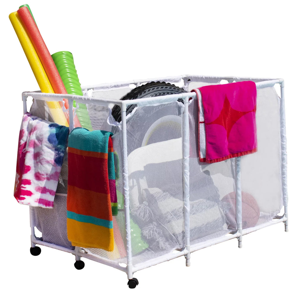 Essentially Yours Pool Noodles Holder, Toys, Floats, Balls and Floats Equipment Mesh Rolling Storage Organizer Bin,, Extra-Large, (47.2"  x 30.2"  x 34" ), White Style 455119