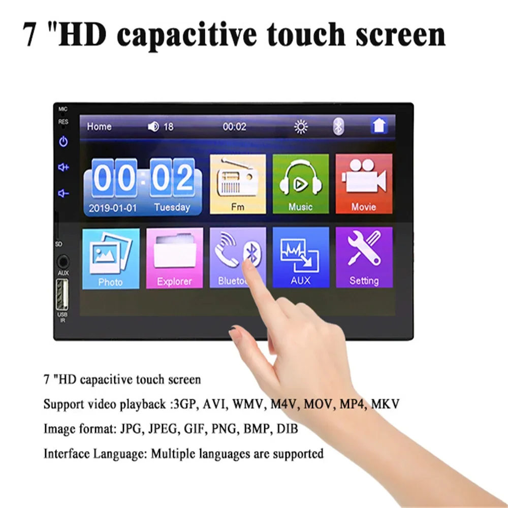 Virwir Car Multimedia Player Bluetooth 7 inch,  Car Mp5 Player Touch Screen Autoradio with Backup Camera Rear