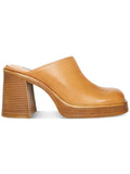 Womens Brown 1" Platform Padded Goring Flirtie Square Toe Block Heel Slip On Leather Clogs Shoes 8.5