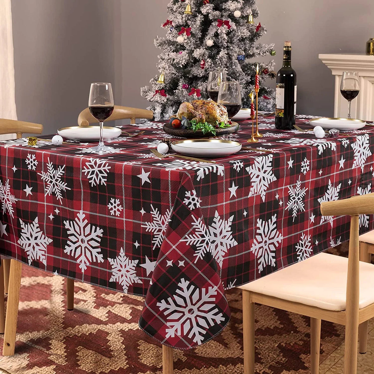 Christmas Tablecloth with Flannel Backing, Waterproof Wipeable Vinyl Rectangle Table Cover for Xmas Parties/Wedding/Holiday/Decoration Use - Heavy Duty Table Cover(60x102 Inch, Snowflake)