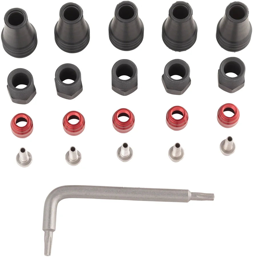 Red/Force  2-Pc Disc Brake Hose Fitting Kit - 5 Threaded Hose Barbs, 5 Compression Nuts, 5 Boots, Red Comp