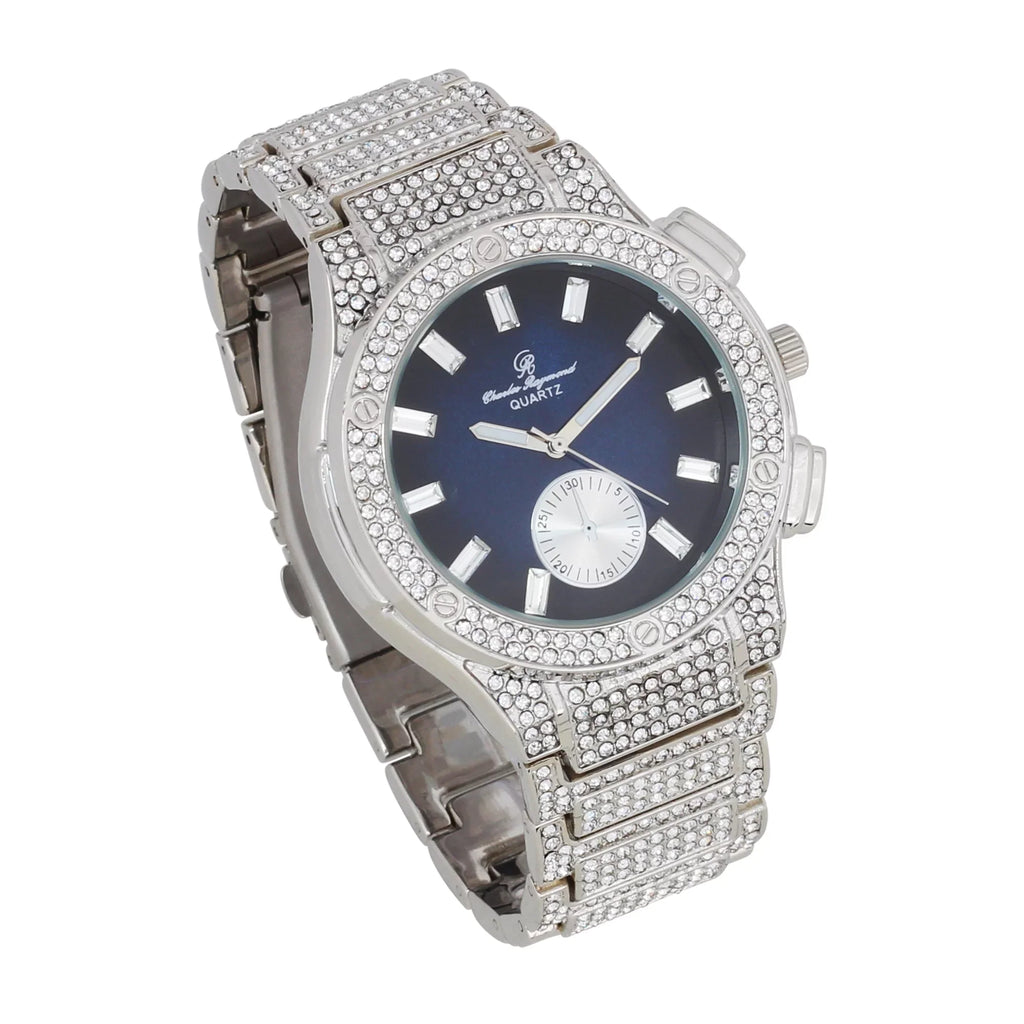 Charles Raymond Big Bling Watch Inspired by Hip Hop - Men's Iced Out Timepiece- Diamond Rhinestones on Blast -    Blue -