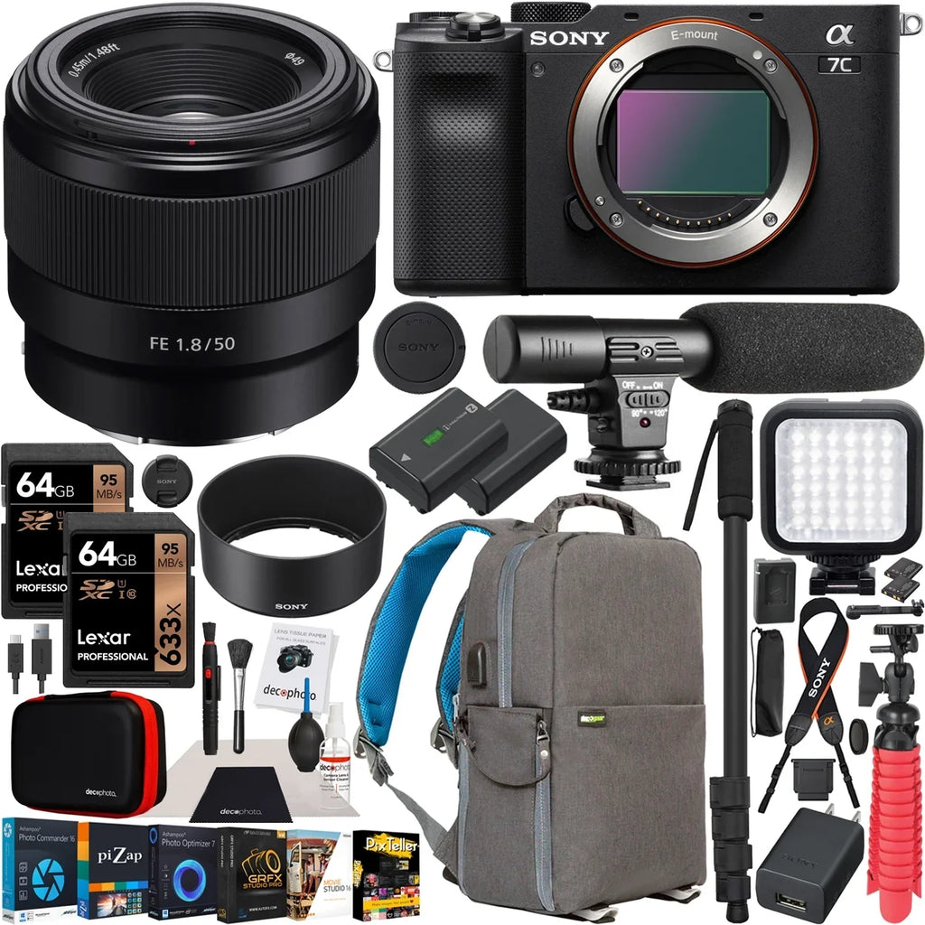 Sony a7C Mirrorless Full Frame Camera Body with Sony  50mm .8 Full-frame Lens  Black / Bundle with Deco Gear Photography Backpack Case , Software and Accessories