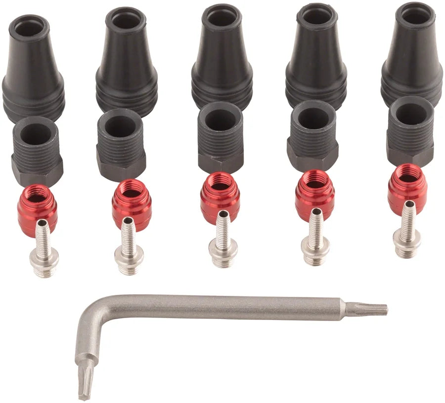 Red/Force  2-Pc Disc Brake Hose Fitting Kit - 5 Threaded Hose Barbs, 5 Compression Nuts, 5 Boots, Red Comp