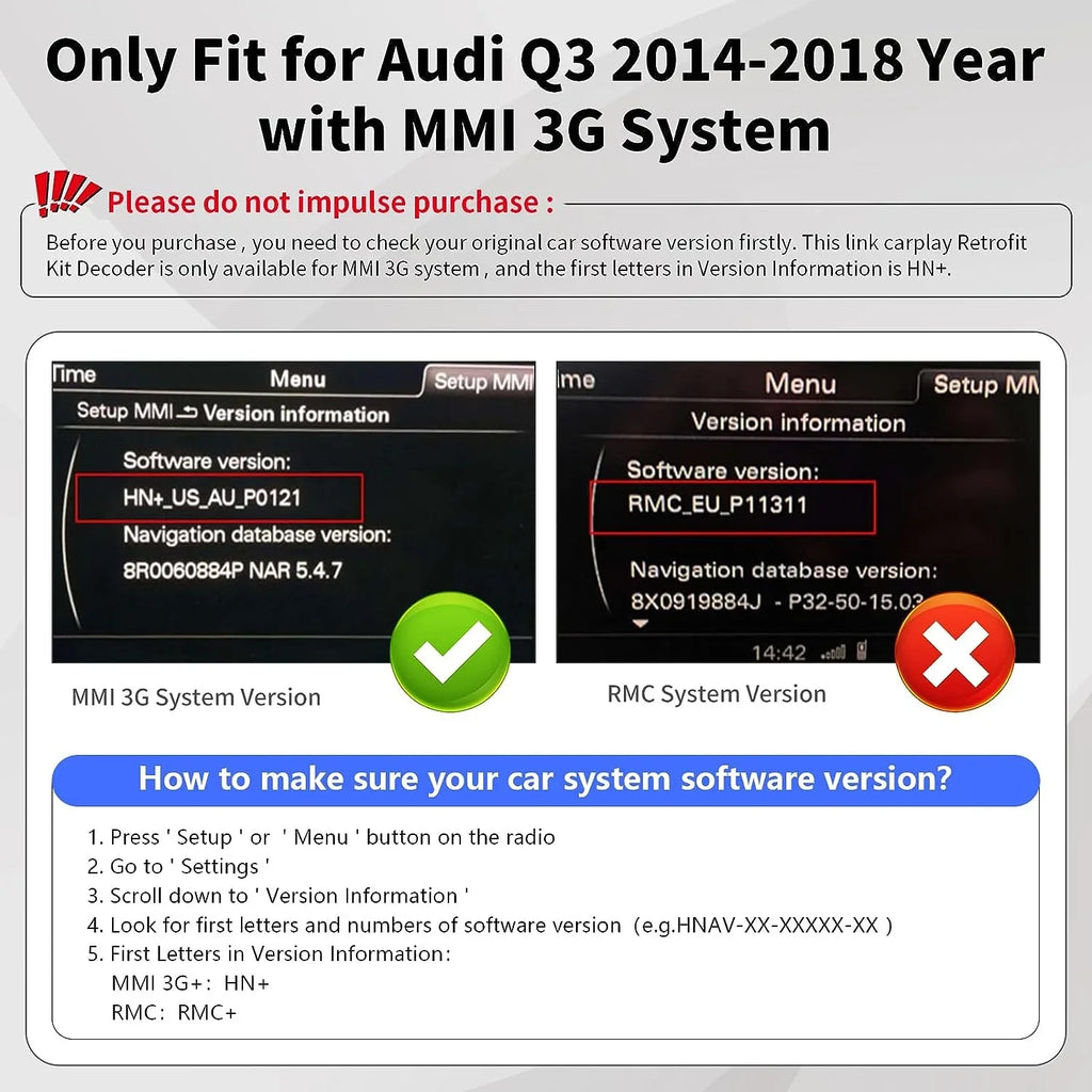 Road Top Wireless Carplay Android Auto Module for Audi  2014-2018 Year with  3G, (+ Car Software Version), Carplay Retrofit Kit Decoder, Support Mirrorlink, Camera