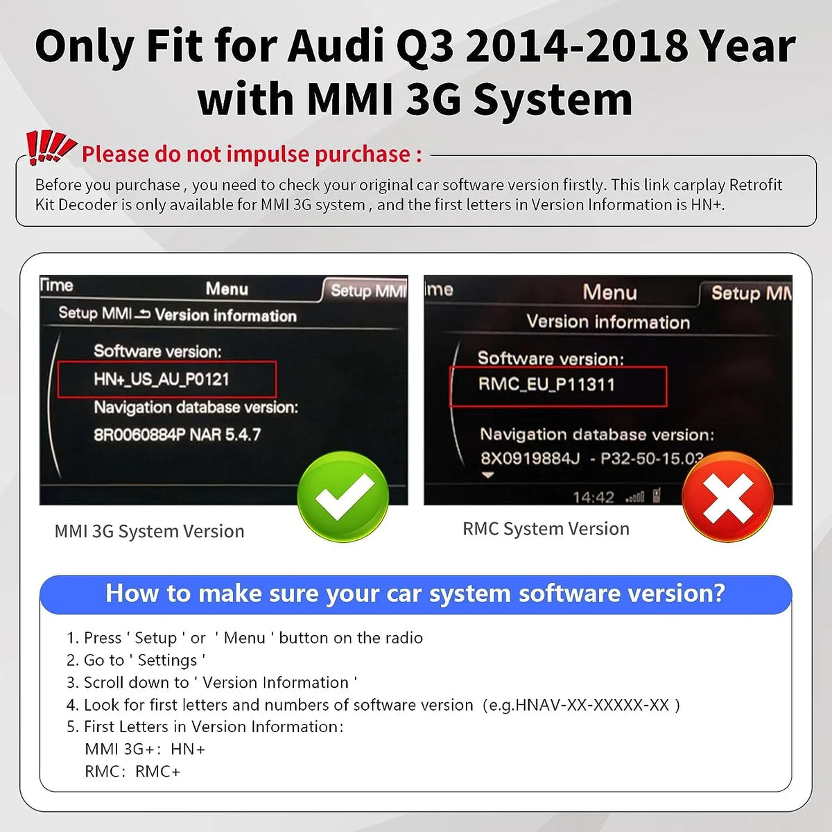 Road Top Wireless Carplay Android Auto Module for Audi  2014-2018 Year with  3G, (+ Car Software Version), Carplay Retrofit Kit Decoder, Support Mirrorlink, Camera