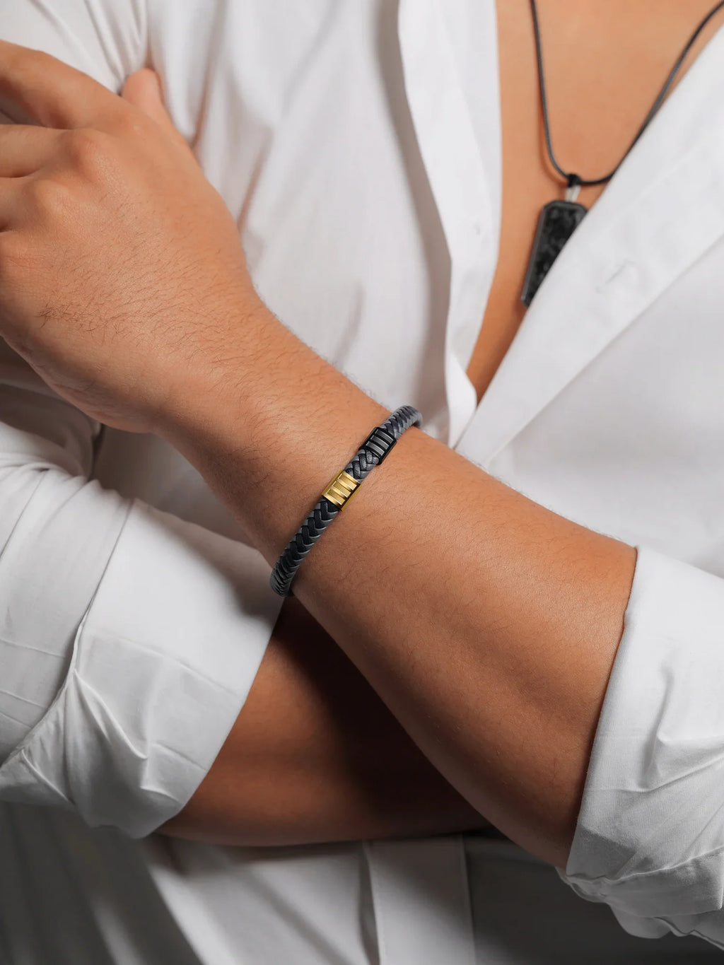 Gem Stone King Men's Stainless Steel Gold Black Premium Genuine Leather Bracelet (8.25 inch, 7.7MM Width)
