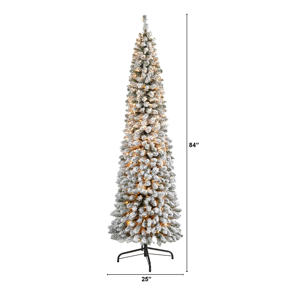 Nearly Natural 7' White Flocked Pencil Artificial Christmas Tree Prelit 400 Clear Lights