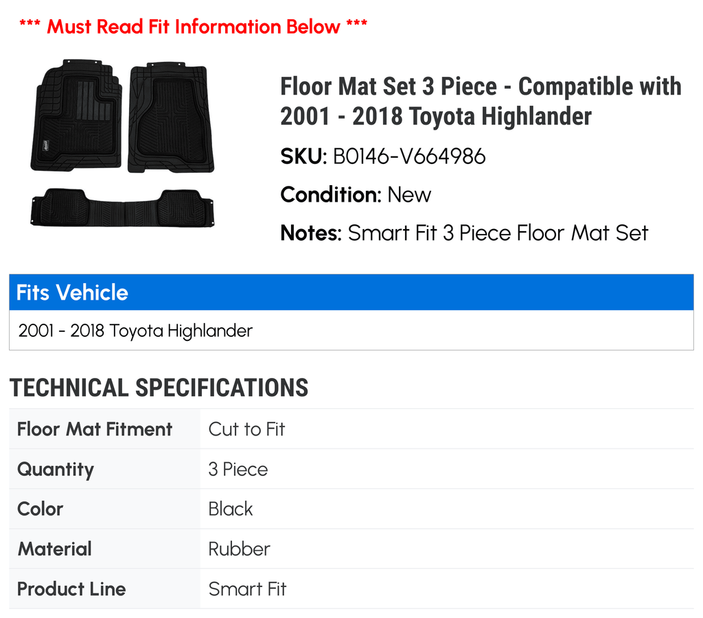 Floor Mat Set 3 Piece - Compatible with 2001 - 2018 Toyota Highlander 2002 2003 2004 2005 2006 2007 2008 2009 2010 2011 2012 2013 2014 2015 2016 2017