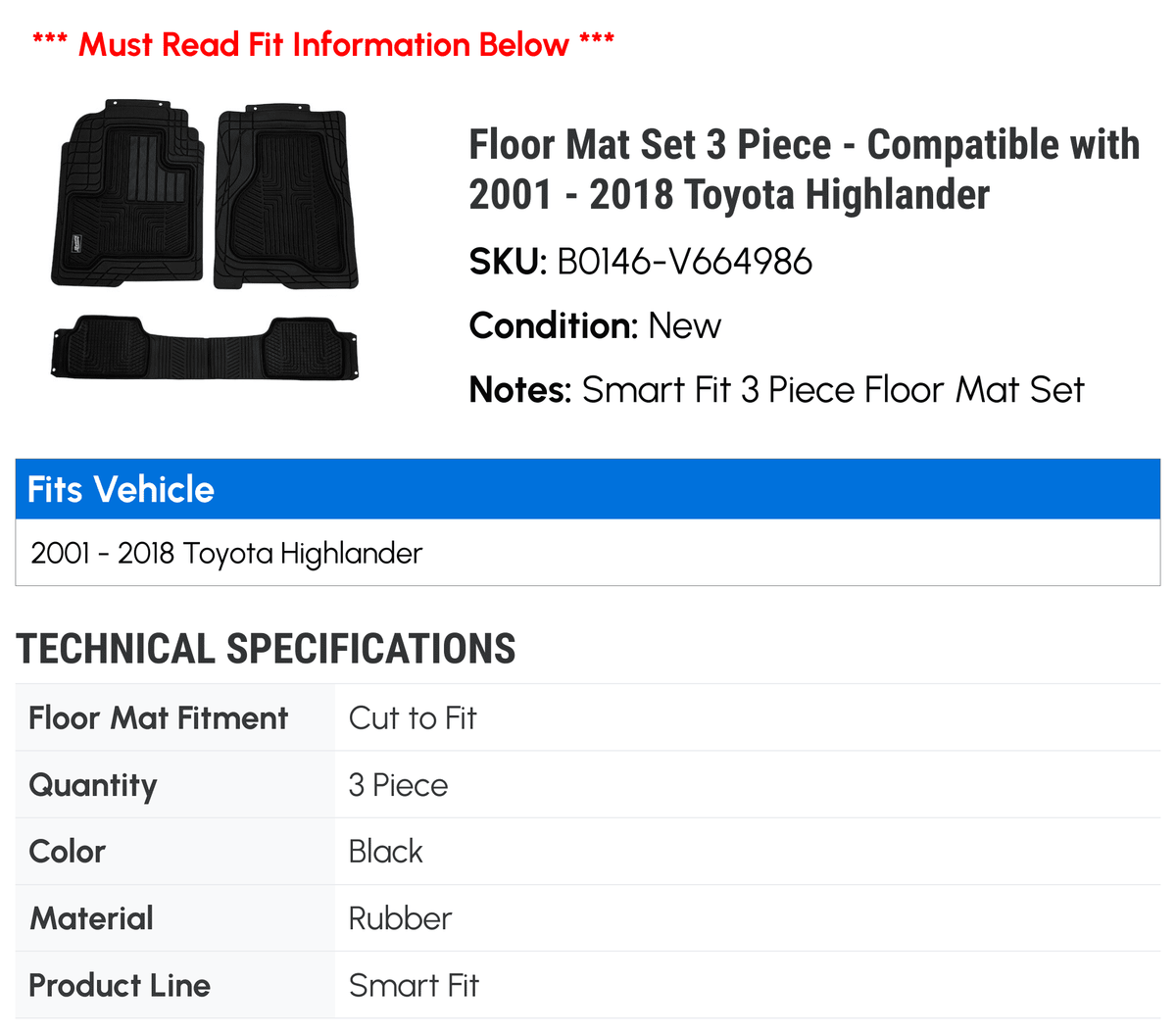 Floor Mat Set 3 Piece - Compatible with 2001 - 2018 Toyota Highlander 2002 2003 2004 2005 2006 2007 2008 2009 2010 2011 2012 2013 2014 2015 2016 2017