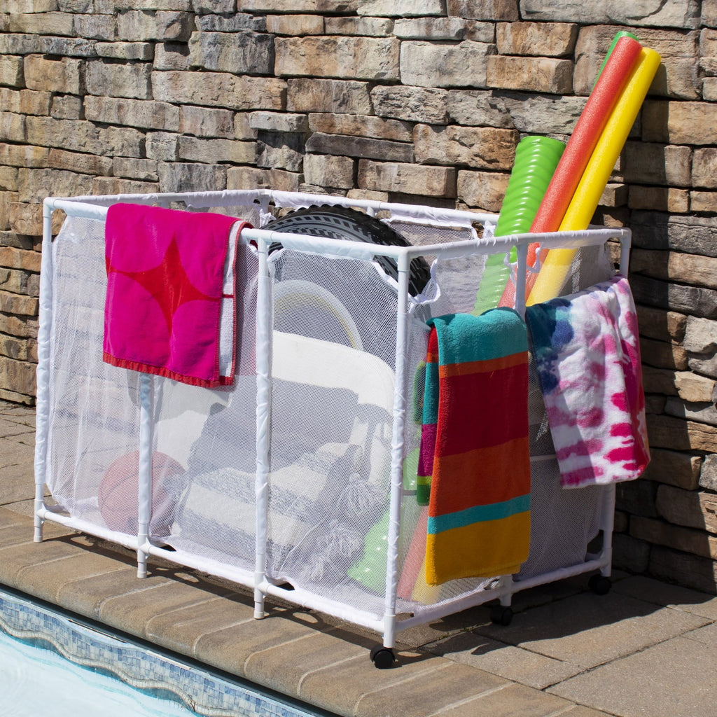 Essentially Yours Pool Noodles Holder, Toys, Floats, Balls and Floats Equipment Mesh Rolling Storage Organizer Bin,, Extra-Large, (47.2"  x 30.2"  x 34" ), White Style 455119