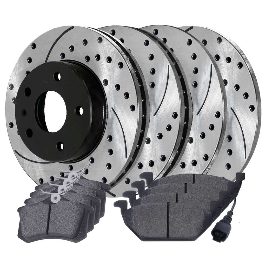 AutoShack Front and Rear Drilled Slotted Brake Rotors Black and Ceramic Pads Kit Replacement for 2000 Volkswagen Beetle 2002 2003 2004 2005 2006 Golf 2007 2008 2009 2010 Golf City 1.9L 2.0L