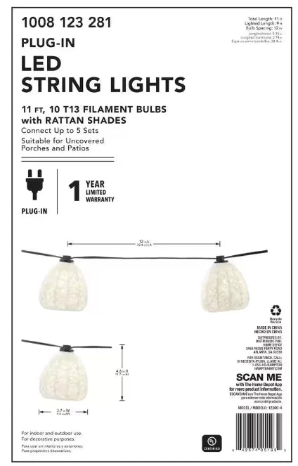 Hampton Bay Outdoor/Indoor 11 ft. Plug-In Mini Bulb  Natural Fiber String Light (10-Heads)