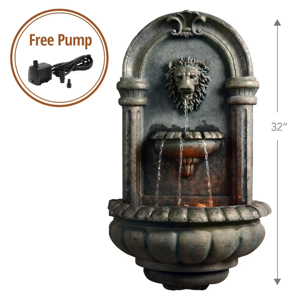 Home Outdoor Tiered Lion Head Stone Wall Fountain with  Light, Antique Bronze Garden Decoration Outdoor