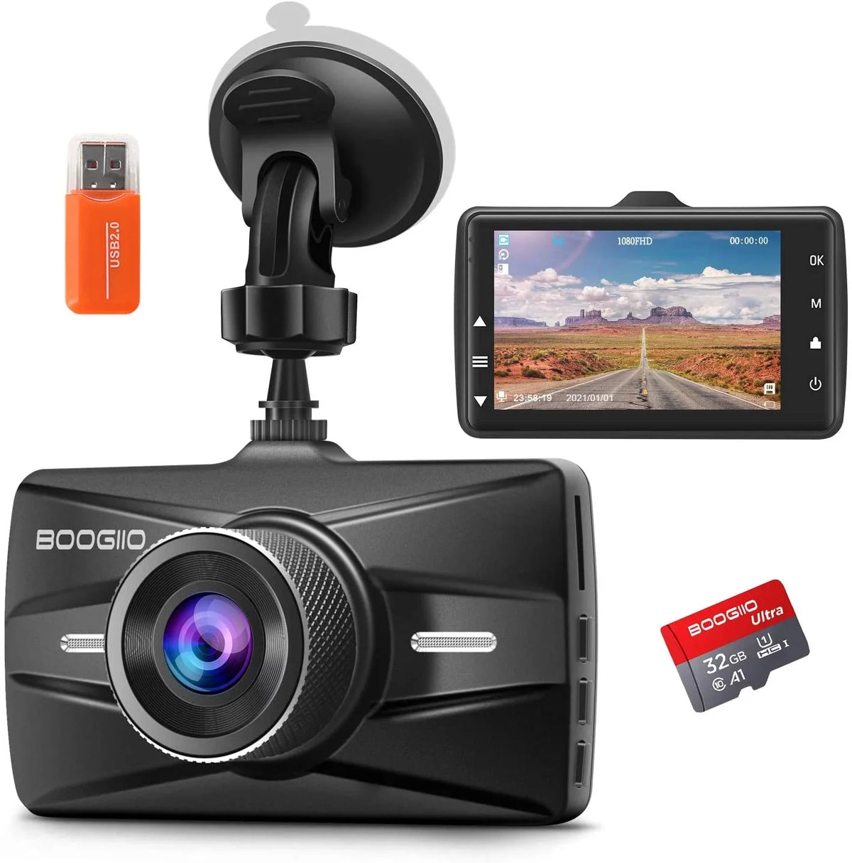 Dash Cam Front with 32G  Card, 1080P  Car Driving Recorder 3''  Screen 170°Wide Angle Dashboard Camera Aluminum Alloy Case,  -Sensor Parking Monitor Loop Recording Motion Detection