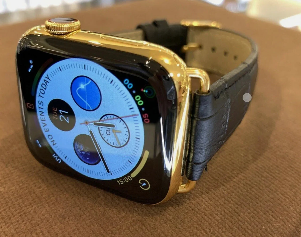 Custom 24k Gold iWatch Stainless Steel Series 9 45mm Black Leather Band