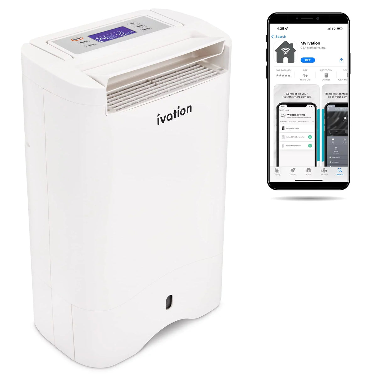 Ivation 19 Pint, 410 Sq/Ft, Wifi Dehumidifier / Drain Hose & Smartphone Control