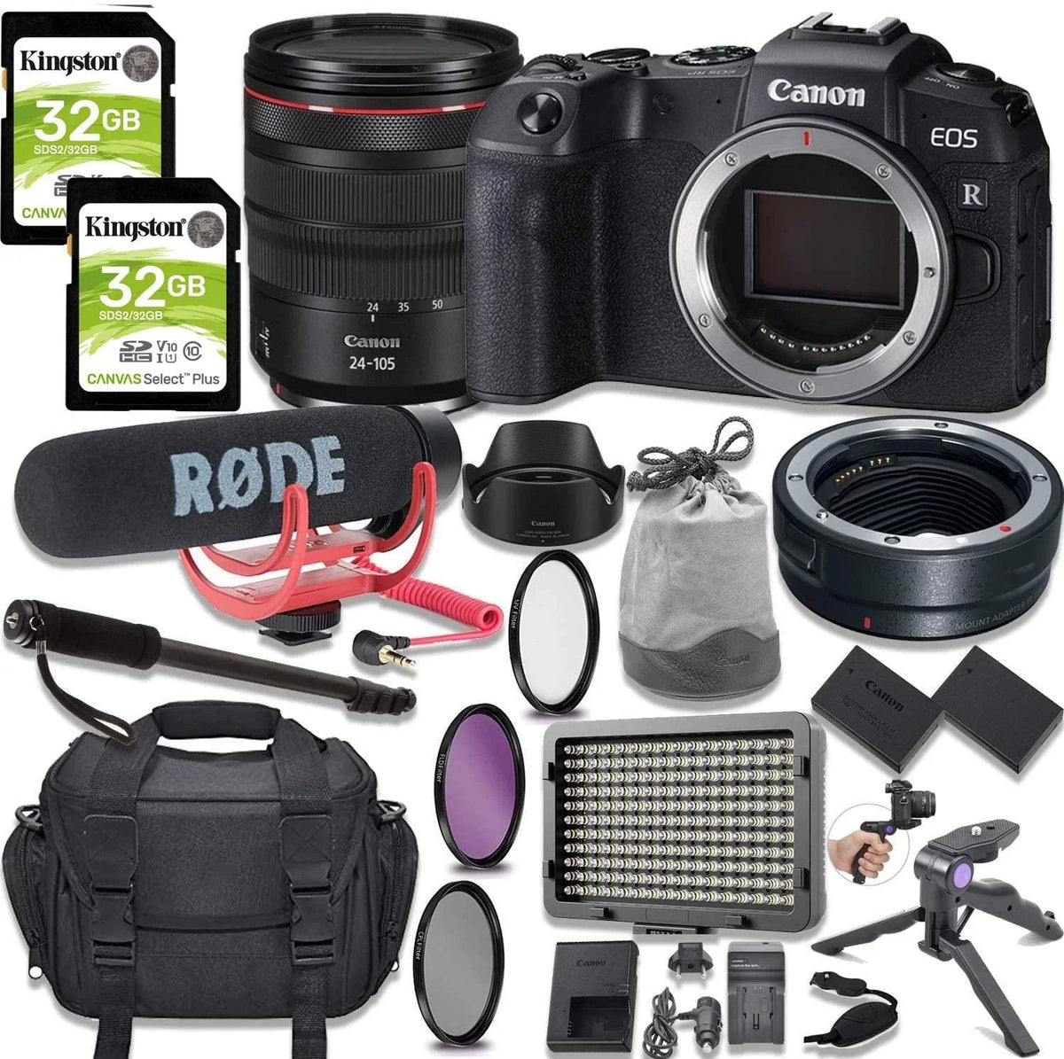 Canon   Mirrorless Digital Camera with  24-105mm Lens Kit + Mount Adapter + Video Accessory Bundle with Rode Video Go Mic, 64GB Memory,  Light & More