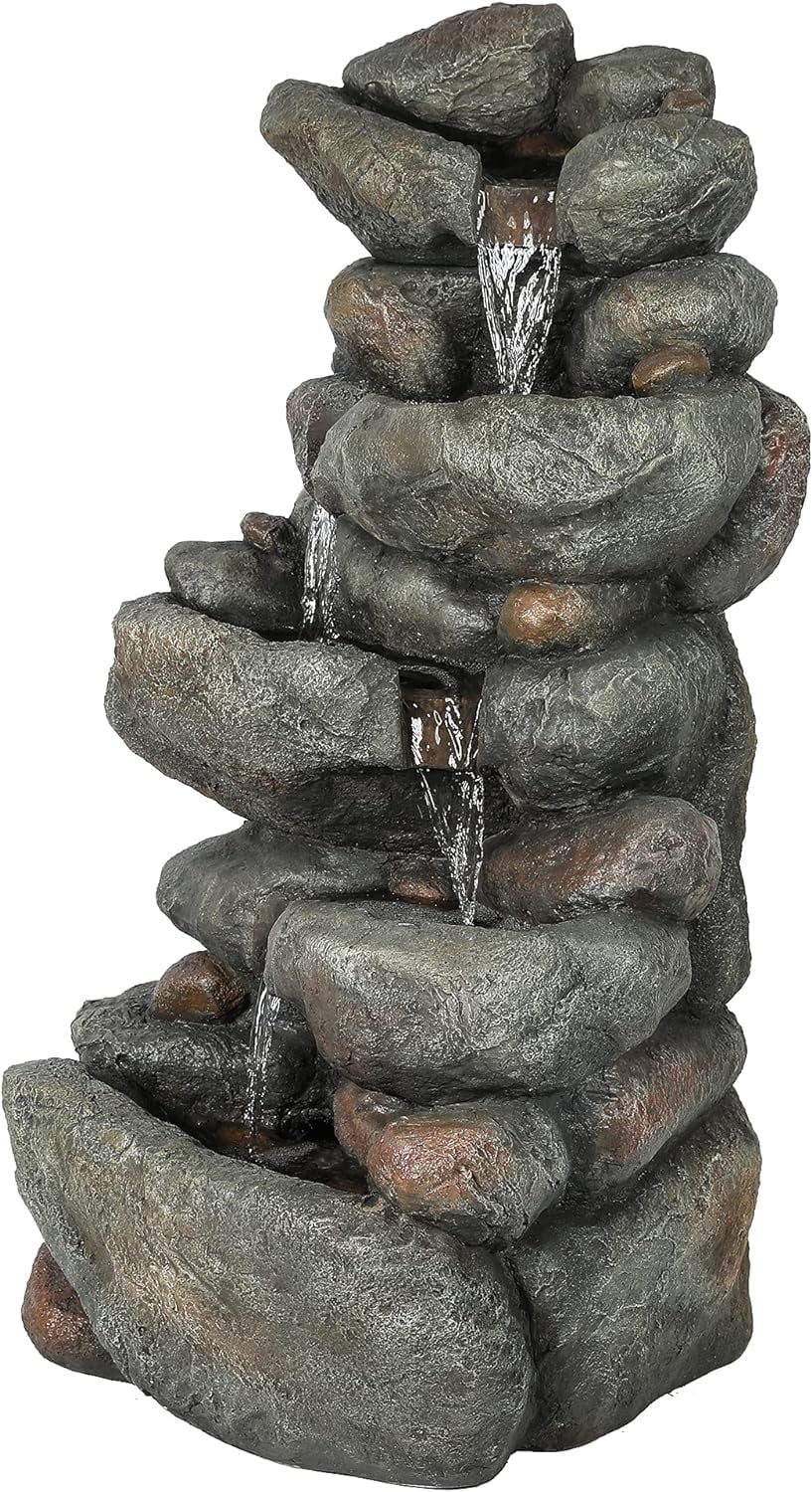 Resin Cascading Rock Outdoor Fountain, Floor Stacked Waterfall Fountain 4 Layer Garden Decorative Fountain For Backyard Courtyard