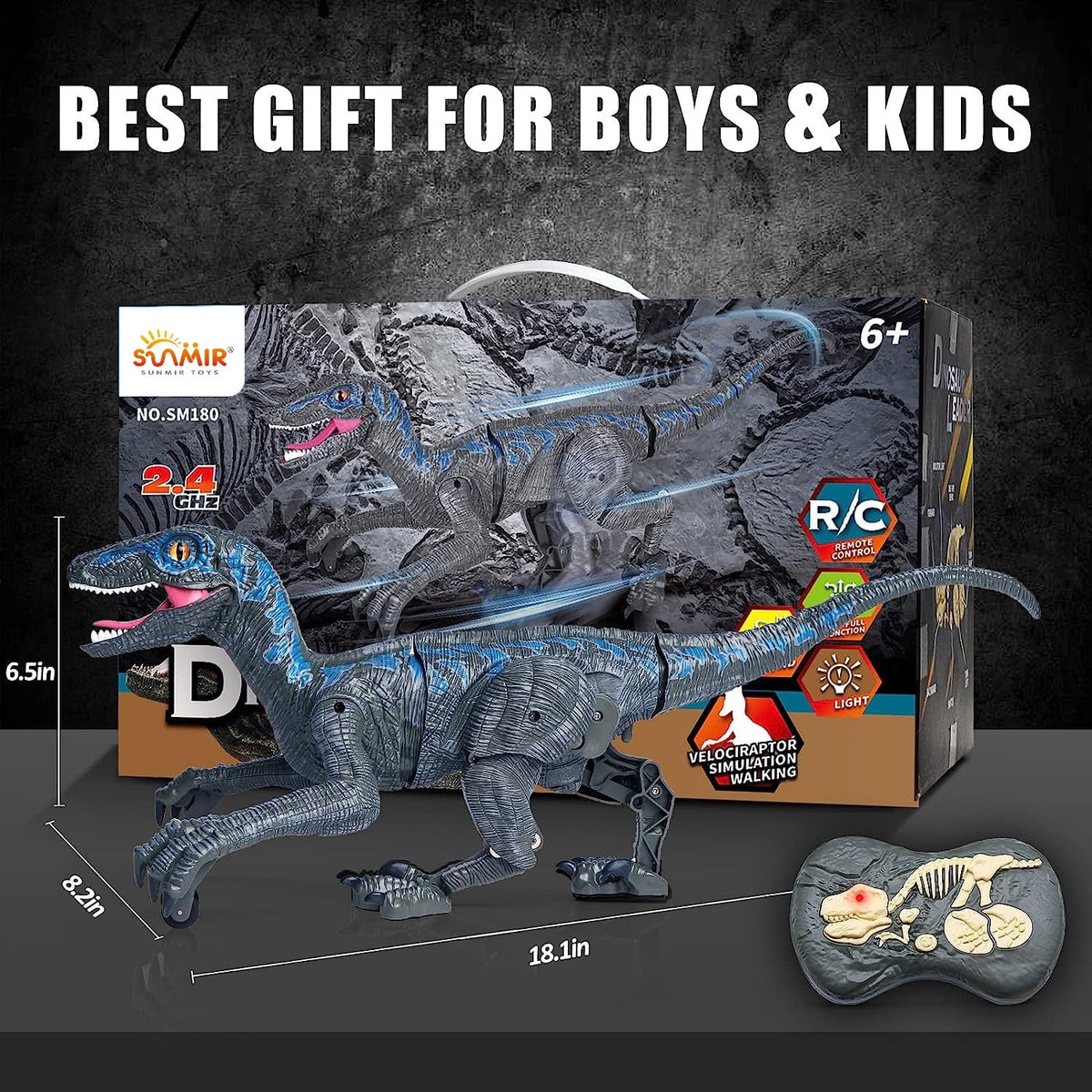 JBee Ctrl Remote Control Dinosaur Toys for Kids Boys Girls Walking Robot  -Rex with Lights and Sounds Dinosaur Toy Gifts for Boys Age 3-5, 5-7, 8-12 Years Old - Blue