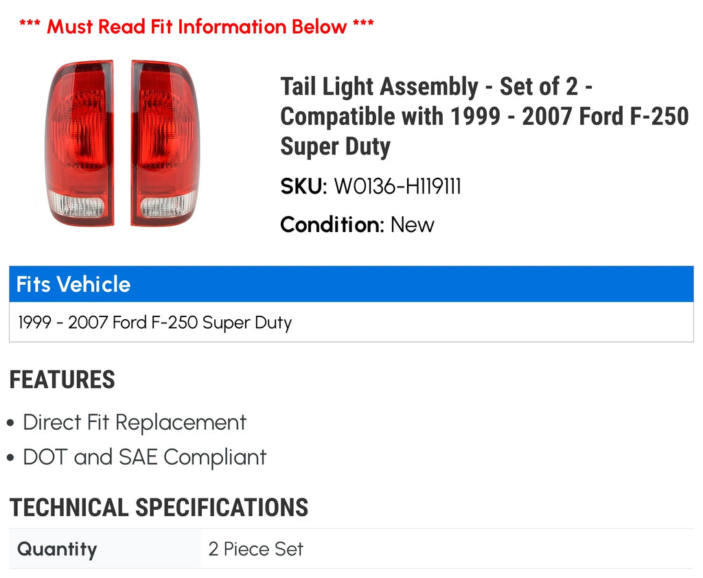 Tail Light Assembly - Set of 2 - Compatible with 1999 - 2007 Ford -250 Super Duty 2000 2001 2002 2003 2004 2005 2006