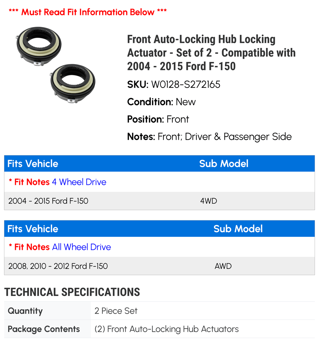 Front Auto-Locking Hub Locking Actuator - Set of 2 - Compatible with 2004 - 2015 Ford -150 4WD,  2005 2006 2007 2008 2009 2010 2011 2012 2013 2014