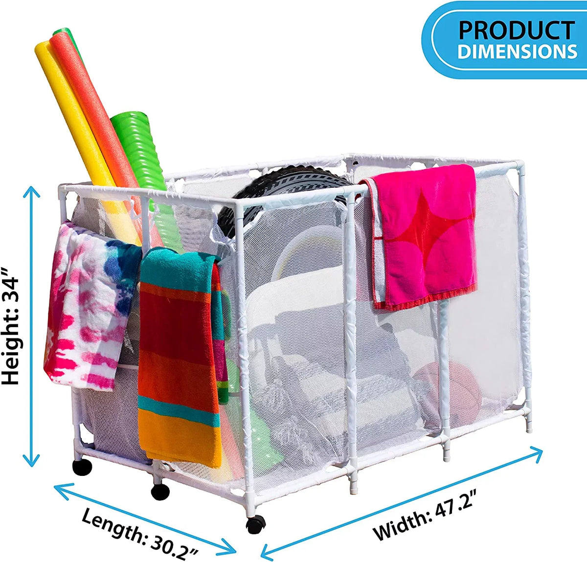 Essentially Yours Pool Noodles Holder, Toys, Floats, Balls and Floats Equipment Mesh Rolling Storage Organizer Bin,, Extra-Large, (47.2"  x 30.2"  x 34" ), White Style 455119