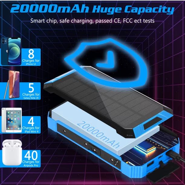 Solar Power Bank 20000mAh Built-in 4 Cables Qi Wireless Charger For Ulefone Armor Mini 2 with  Flashlight Solar Portable External Battery  Waterproof 15W 5V/3A   Port 6 Outputs 3 Inputs