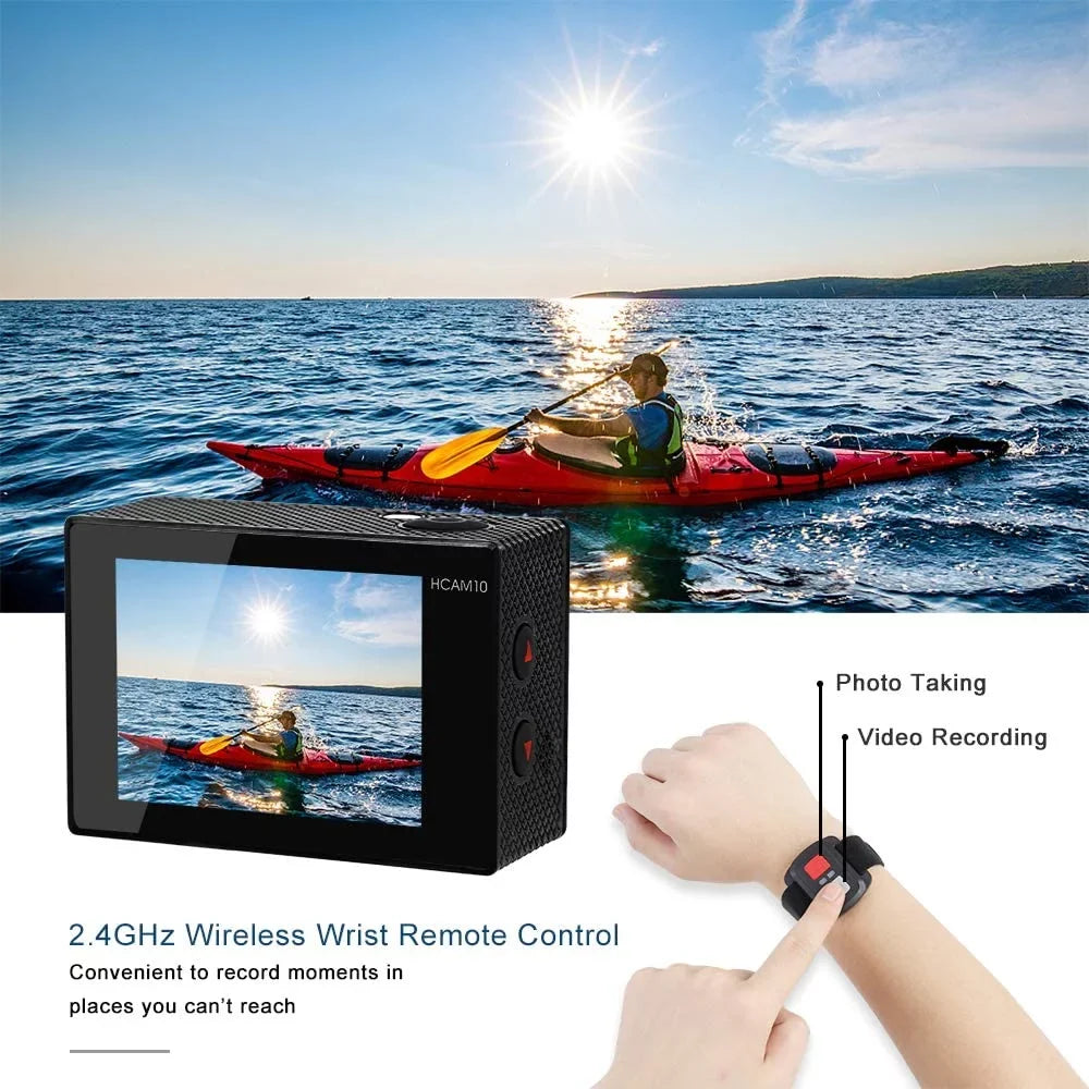 Video Action Camera 4K with Wide Angle Lens  WiFi Underwater Camera with Waterproof Case Remote Outdoor Sports Camera for Vlog with Accessories Mount Kit Battery Charger