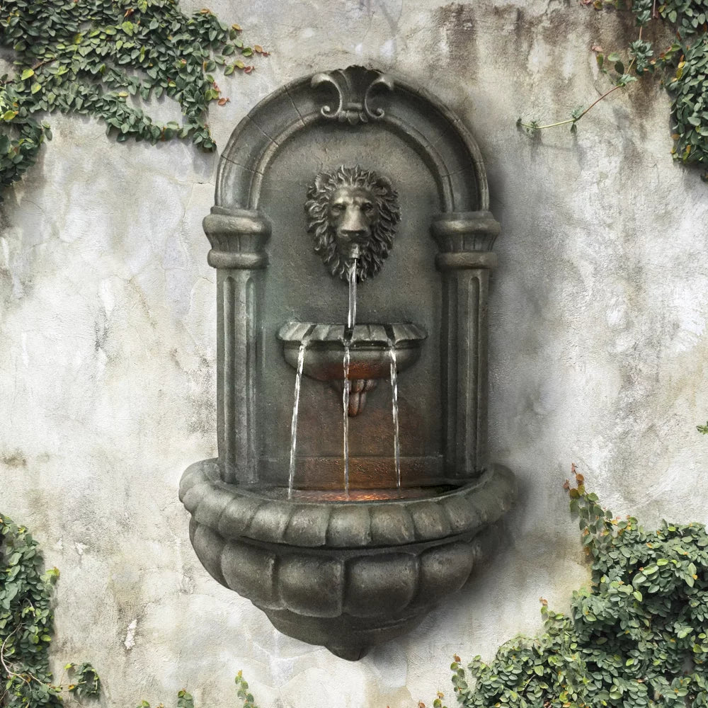 Home Outdoor Tiered Lion Head Stone Wall Fountain with  Light, Antique Bronze Garden Decoration Outdoor