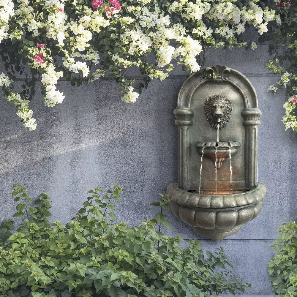 Home Outdoor Tiered Lion Head Stone Wall Fountain with  Light, Antique Bronze Garden Decoration Outdoor