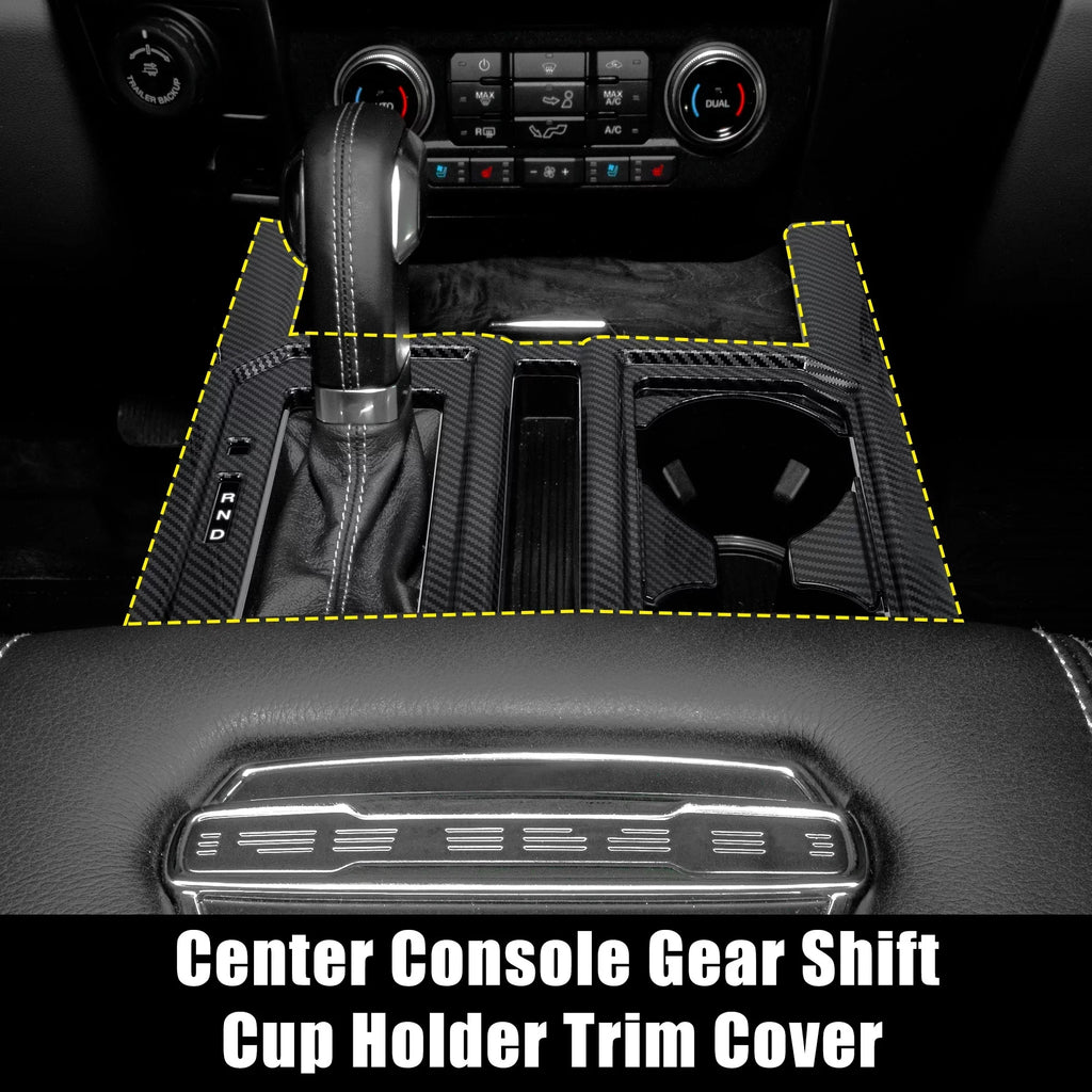 Carbon Fiber Pattern Car Center Console Gear Shift Cup Holder Trim Cover for Ford -150 2015 2016 2017 2018 2019 Black