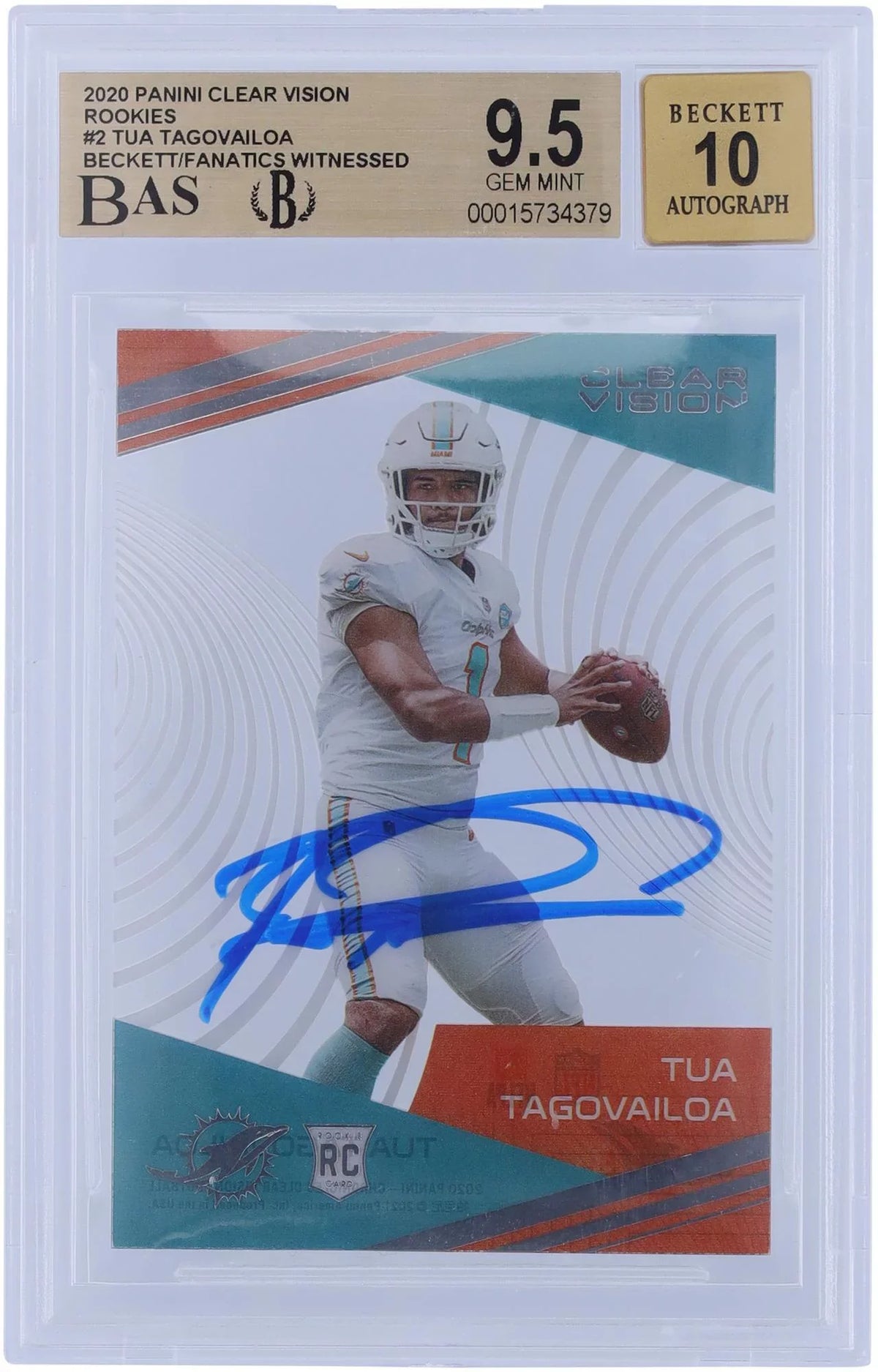 Tua Tagovailoa Miami Dolphins Autographed 2020 Panini Clear Vision Rookies #-2 Beckett Fanatics Witnessed Authenticated 9.5/10 Rookie Card - Fanatics Authentic Certified